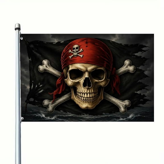 2D Flat Vintage Pirate Skull And Crossbones Flag With Red Bandana And Golden Skeleton, Double-Sided Banner For Home Yard Garden Holiday Decor, No Pole Included, Durable Outdoor Garden Flag