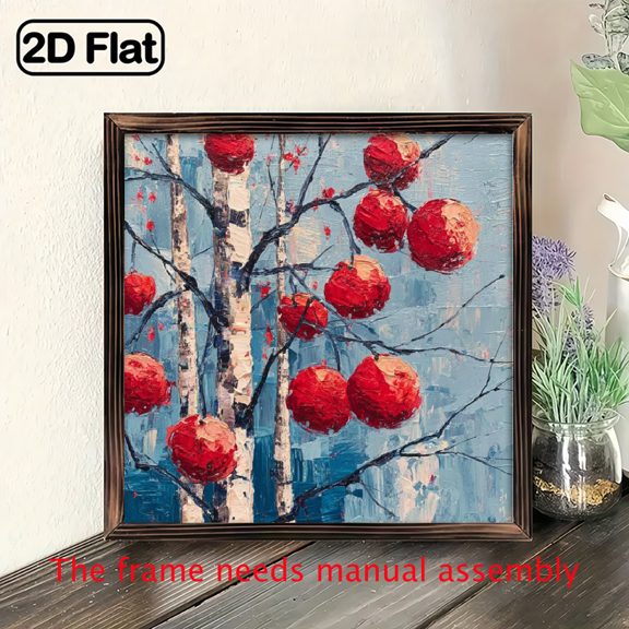 2D Flat, Vintage Red Persimmon Tree Painting with Frame - Textured Wall Art, Single Piece, Ideal for Living Room Decor, 8 x 8