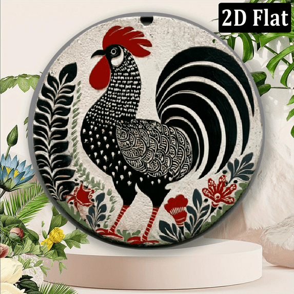 2D Flat, Vintage Rooster Metal Wall Art - Round Aluminum Sign with Intricate Black White Rooster Design, Red Accents, and Leaf Patterns for Home, Garage, or Restaurant Decor, 8*8in