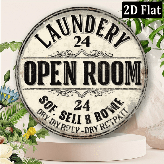 2D Flat, Vintage Round Wall Sign - 8x8 Inch Artificial Wood Laundry Room Decor with Self Service Wash Dry Fold Repeat Design, Retro Home Office Cafe Decor, Graduation Mother's Day Gift