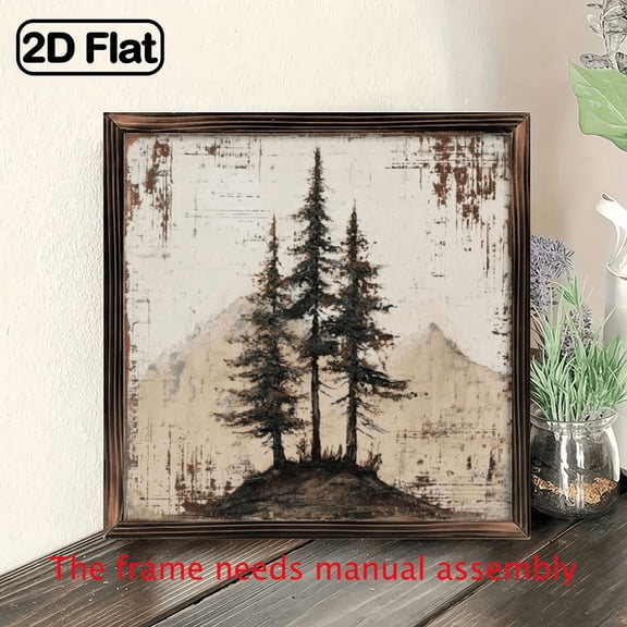 2D Flat, Vintage Rustic Wooden Framed Wall Art - 8x8 Inch Pine Tree Landscape Painting, Muted Green Brown Nature Scene, Multi-Purpose Home Decor for Living Room, Bedroom, Bathroom
