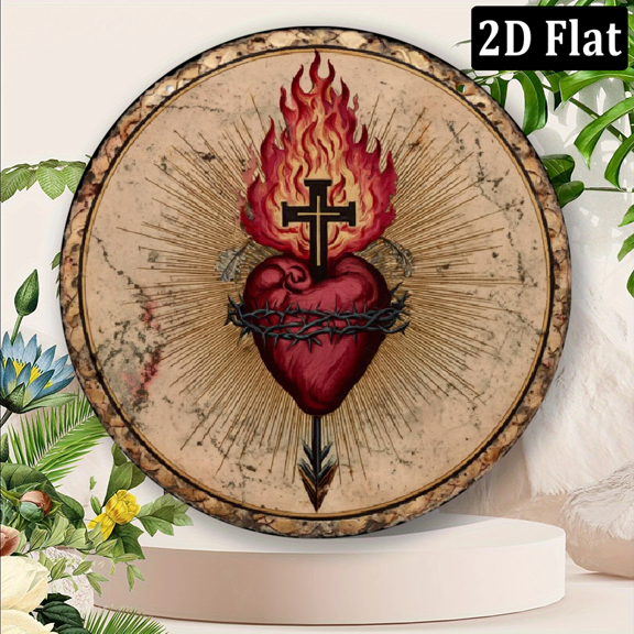 2D Flat Vintage Sacred Heart Wall Art Sign - Rustic Religious Decor with Radiant Flames Cross Design, Durable Indoor.8x8 inch