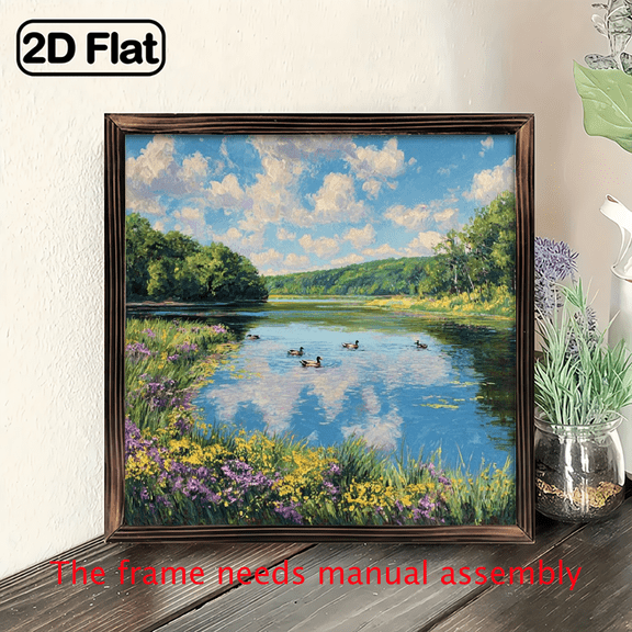 2D Flat, Vintage Scenic Landscape Wall Art, 8x8 Inch Square Wooden Frame, Polished Finish, Lightweight Single Image, Serene Water and Greenery Scene, Ideal for Home and Office Decor, Aesthetic Far