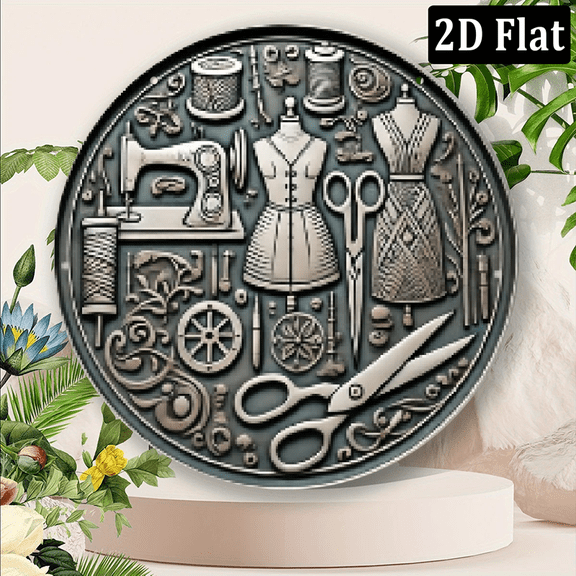 2D Flat Vintage Sewing Room Metal Wall Art - Round Aluminum Sign with Scissors, Sewing Machine, and Dress Design, Perfect for Home, Garden, Bar, Cafe, Gym, and Bathroom Decor, IndoorOutdoor Use