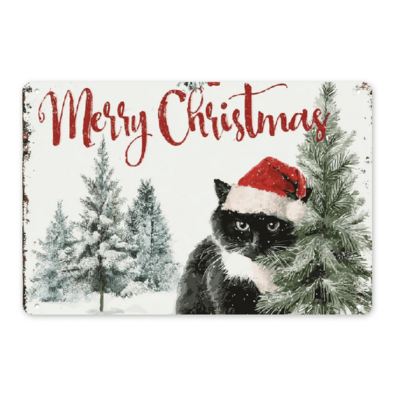 2D Flat, Vintage Signs Metal Meowy Christmas Cat Metal Tin Sign 12x8 Inch Black Cat Tree Metal Tin Sign Bar Restaurant Wall Decoration 8*12in