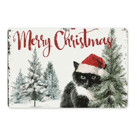2D Flat, Vintage Signs Metal Meowy Christmas Cat Metal Tin Sign 12x8 Inch Black Cat Tree Metal Tin Sign Bar Restaurant Wall Decoration 8*12in