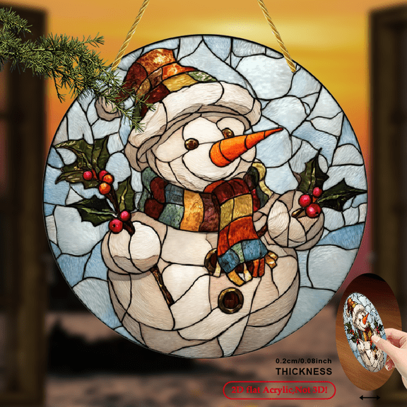 2D Flat, Vintage Snowman Suncatcher - Round Acrylic Window Decor with Holly Berries, Classic Winter Christmas Home Decor, Easy Wall Hanging, Ideal Gift for Indoor Decoration8*8in