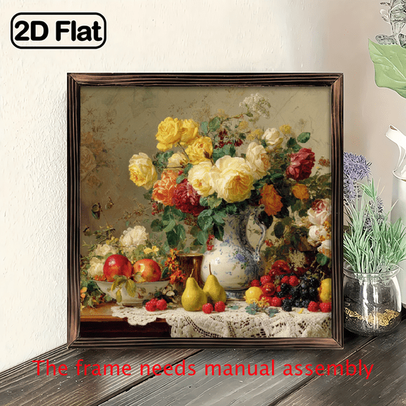 2D Flat, Vintage Square Wooden Framed Flowers and Fruits Wall Desktop Decoration - Rustic Farmhouse Sign Suitable for spring, Christmas, Door Plaques, 8 x 8 inch Decor.