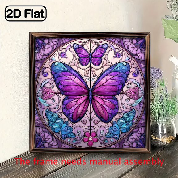 2D Flat, Vintage Stained -Effect Purple Butterfly Sun Catcher - Heart-Shaped Acrylic Window Ceiling Hanging Decor with Blue, Pink, Green,, Turquoise, White, Black - GothicC Cathedral-Inspired Catc