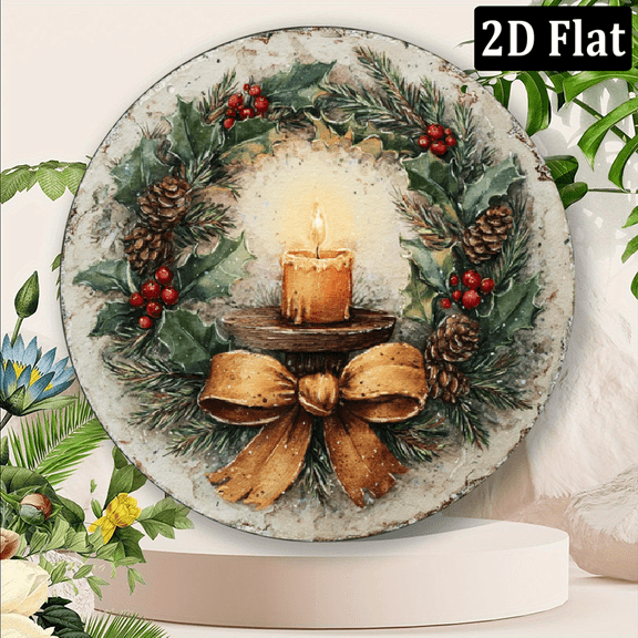 2D Flat, Vintage-Style 8x8inch Aluminum Wall Plaque with Classic Christmas Candle Pine Cone Design, Durable Weatherproof Metal Decor for Any Room, Ideal Gift - Round, Decorative Sign