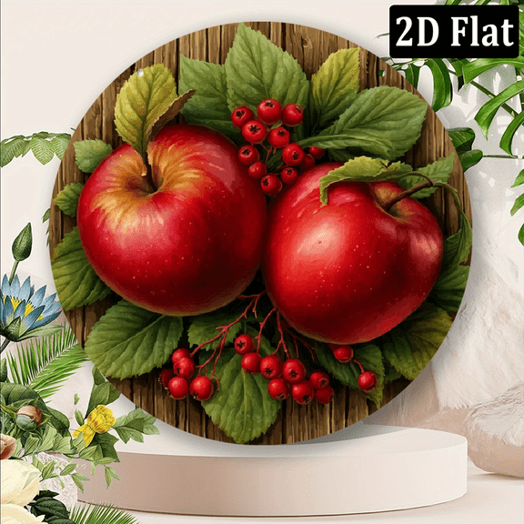 2D Flat Vintage-Style Metal Wall Art with Red Apple and Branch Design Rustic Round Wreath Sign Artistic Wall Decoration for Home, Cafe, Restaurant, Garden, Farm, Celebrations, Easy to Hang, Perfec