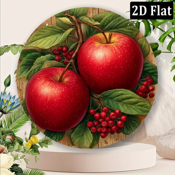 2D Flat Vintage-Style Metal Wall Art with Red Apple and Branch Design Rustic Round Wreath Sign Artistic Wall Decoration for Home, Cafe.8*8 in