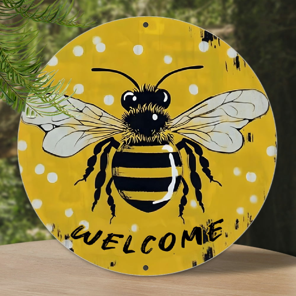 [2D Flat]Vintage Summer Bee Welcome Sign - 8 Inch Round Aluminum Wall ...