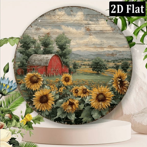 2D Flat, Vintage Sunflower Red Barn Aluminum Sign - Rustic Farmhouse Wall Art, 8x8 Inch High Quality Rust-Free Metal Decor for IndoorOutdoor Use, Home, Cafe, Garage, Garden, Indoor Decoration