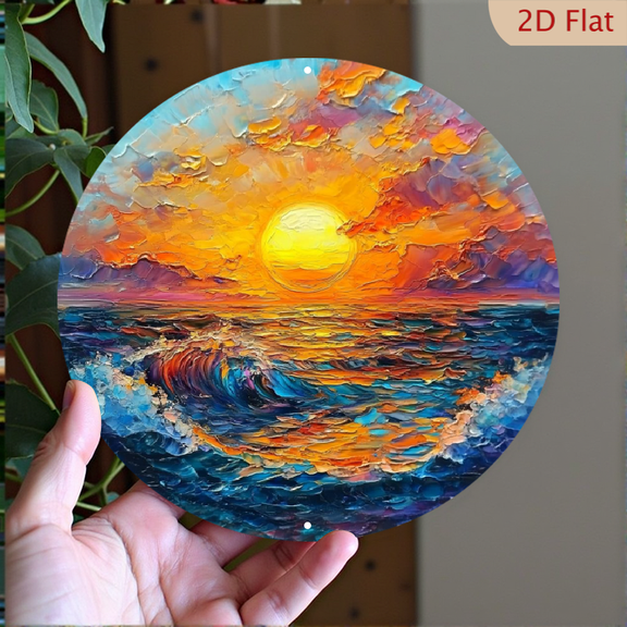 2D Flat, Vintage Sunrise Over The Sea Round Metal Wall Art - 8*8 Inch Aluminum Coastal Decor with Pre-Drilled Holes, Vibrant Ocean Waves & Sunset Design for Indoor_Outdoor Home, Garden, Kitchen, Offic
