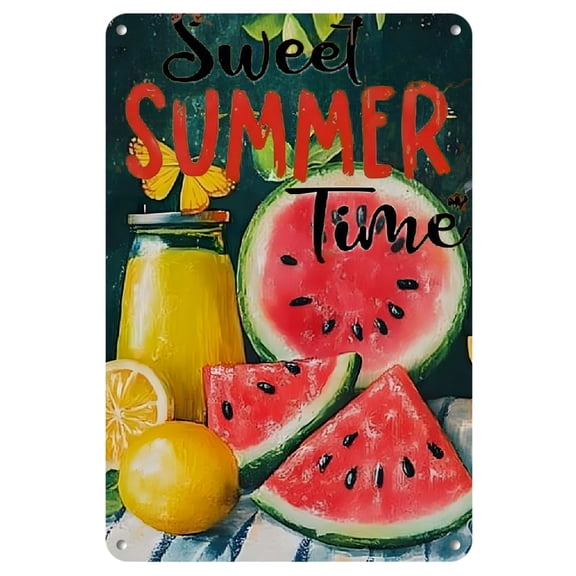 [2D Flat]Vintage Sweet Summertime Metal Tin Sign Wall Decor - 8x12 Inch Retro Watermelon Lemonade Art with Bees & Checkered Background, Rustic Home Cafe Office Pub Gift Plaque, Lemon Decor