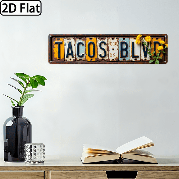 2D Flat, Vintage Tacos Blvd Metal Wall Sign - Mexican Food Theme Street Art, Large 4x16 Iron Retro Taco Truck Decor for Kitchen, Diner, Tex-Mex Restaurant Decoration, Spanish Langu