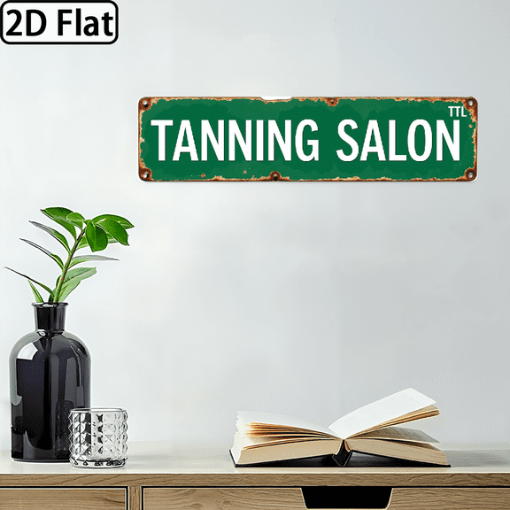 2D Flat -Vintage Tanning Salon Metal Sign, 16x4 Inches - Rustic Wall Art for Home, Cafe Durable Iron Sign with Green Background White Text, Easy to Hang, No Power Needed, Metal Wall Art Decor
