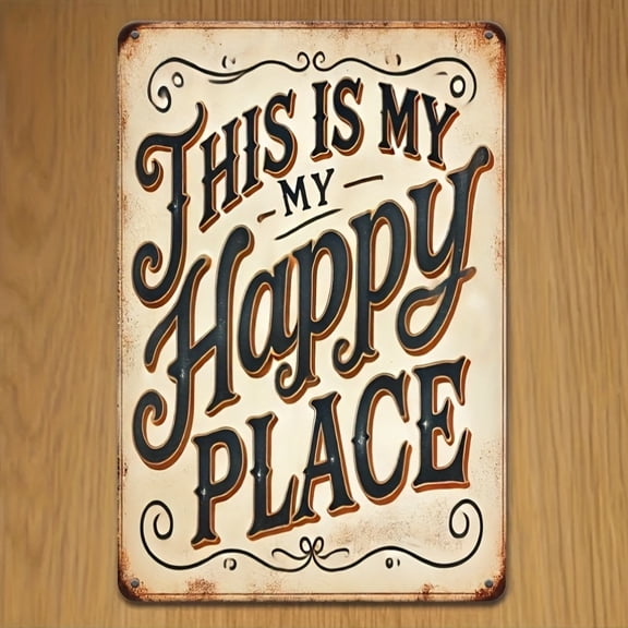 2D Flat, Vintage "This Is My Happy Place" Metal Wall Decor Sign - 8x12 Inch Rustic Cursive Lettering with Floral Border - Durable Home Decor for Living Room, Bedroom