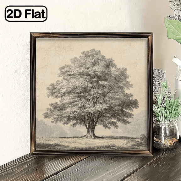 2D Flat, Vintage Tree Drawing Framed Art Print, 8x8 Inch Decorative Signs & Plaques, Classic Rustic Wood Frame Botanical Sketch Landscape Nature Artwork Wall Decor for Living Room Bedroom Office