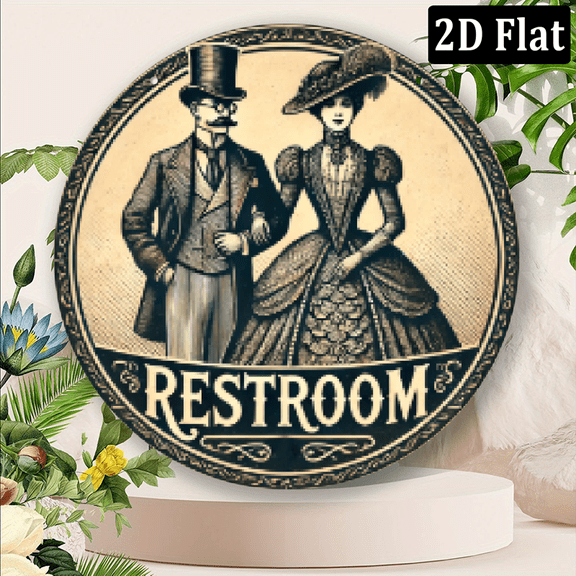 2D Flat, Vintage Victorian Style Metal Restroom Sign - Elegant Round Wall Decor for Home Business, 78 Inch Diameter, Featuring Sophisticated Couple in Period Attire, Ideal for Bathroom Door, 8*8in