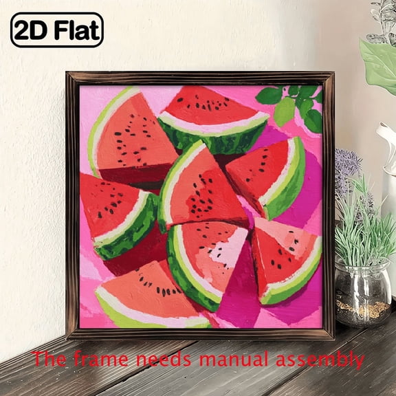 2D Flat - Vintage Watermelon Slice Wall Art with Wooden Frame - 8x8 Inch, Colorful Summer Kitchen Decor, Artistic Watermelon Design for Dining Room or Bedroom, Watermelon Deco 1pcs