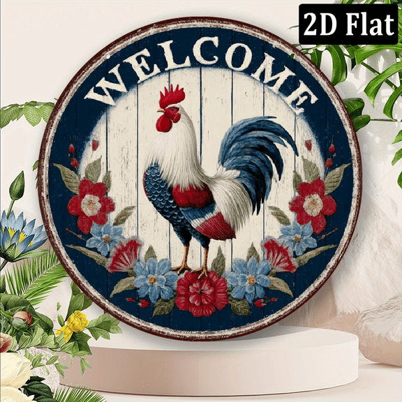 2D Flat, Vintage Welcome Round Wall Sign - 8x8 Inch Rustic Home Decor with Floral Rooster Design, Artificial Wood Hanging Plaque for Mothers Day, Graduation Gifts, Cafe Office Decor, Vintage
