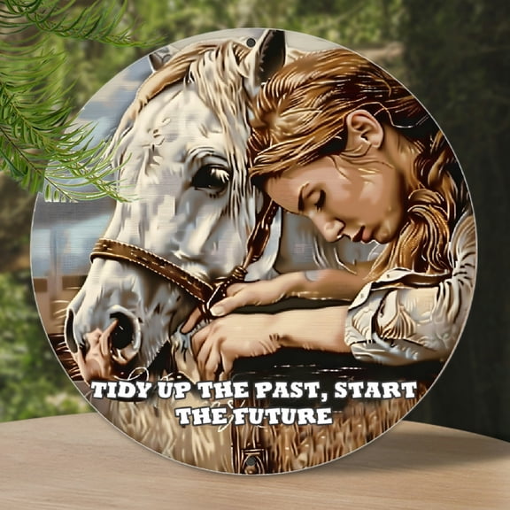 [2D Flat]Vintage Western Cowboy Theme Metal Sign - 'Tidy Up The Past, Start The Future', 8x8 Inch Round Aluminum Wall Art - Inspirational Decor for Bedroom, Kitchen & Garden - Perfect Festival  Gift