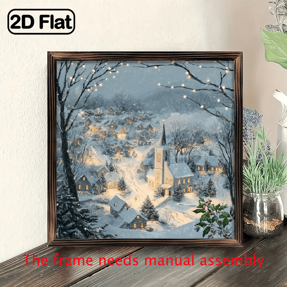 2D Flat, Vintage Winter Village Wall Art - Snowy European-Style Christmas Scene with Wood Frame, 8x8 Inch Rustic Framed Sign for Home, Mantel, or Housewarming Gift - Easy-Hang Snow-Covered House