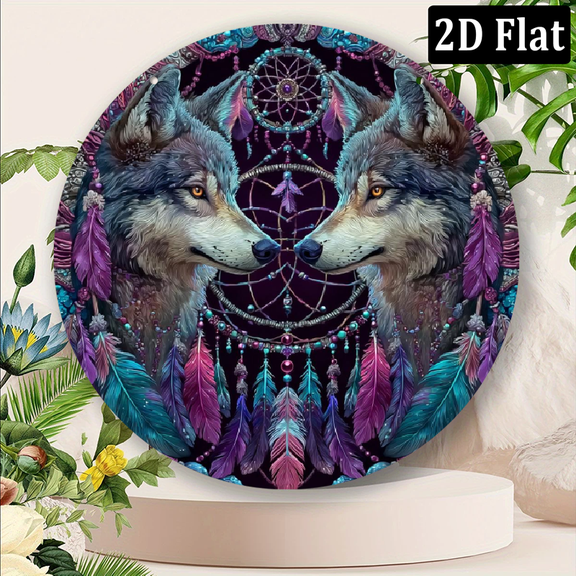 2D Flat Vintage Wolf Dreamcatcher Metal Wall Art - 8 Inch Diameter, Decorative Sign for Home, Bar, or Restaurant, Room Decor