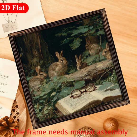 2D Flat, Vintage Wooden Bunny Forest Scene Frame - 12x12 Inch Rustic Easter Rabbit WallTabletop Decor with Golden-Finished Frame, Natural Wood Texture Detailed Brushwork Artwork, IndoorOutdoor Hom