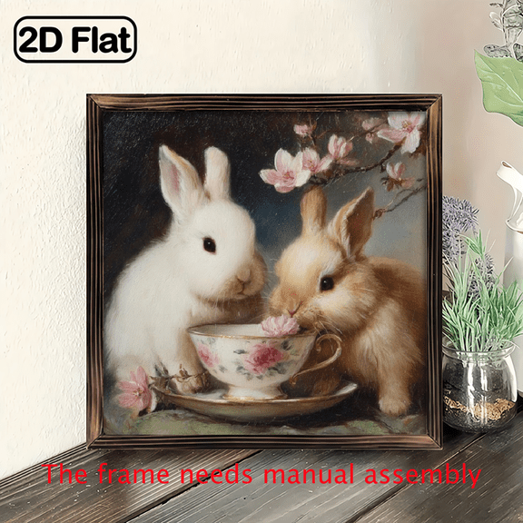 2D Flat, Vintage Wooden Rabbits Wall Art - 8x8 Inch Rustic Farmhouse Decor with Tea Party Rabbits, Material for Perfect Easter Gift Year-Round Sign.