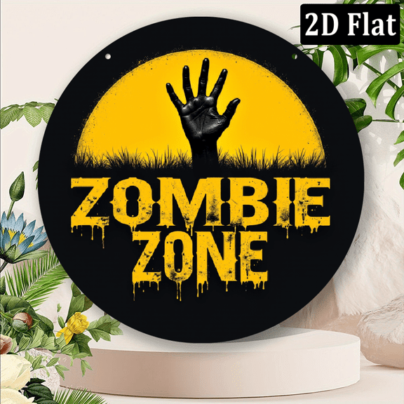 2D Flat, Vintage Zombie Zone 8x8 Inch Round Metal Sign - Distressed Yellow Black Decorative Plaque for Home, Patio, Bar, Kitchen, Restaurant, Party, Garage Wall Hanging with Festive Holiday Wrea