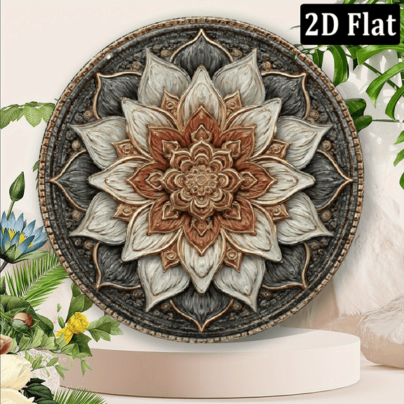 2D Flat, Wall Art Decorative Sign, Vintage Mandala Flower Pattern Aluminum Sign Circular Metal Sign Artistic Wall Decoration for Home, Bar, Cafe, Restaurant, Garden, Celebrations, Easy to Hang