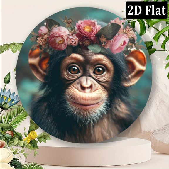 2D Flat, Wall Art Decorative Sign, Vintage Monkey Pattern Aluminum Sign Circular Metal Sign Artistic Wall Decoration for Home, Bar, Cafe, Restaurant, Garden, Celebrations, Perfect Home