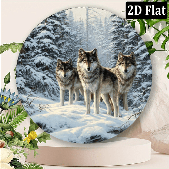 2D Flat, Wall Art Decorative Sign, Vintage Wolf Pattern Aluminum Sign Circle Metal Sign Artistic Wall Decoration for Home, Bar, Cafe, Restaurant, Garden, Celebrations, Easy to Hang