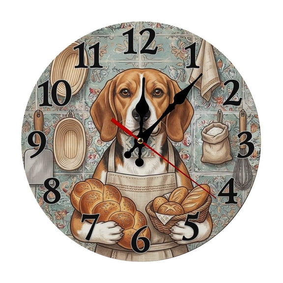 2D Flat Wall Clock Art Print, Silent Non Ticking Battery Operated,Baker Beagle Kitchen Clock Wall Clock 2D Print Decorative for Bathroom Kitchen Bedroom 10 Inch & 12 Inch, Ships Next Day,No Battery