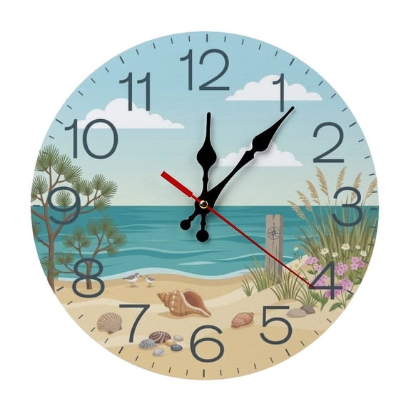 2D Flat Wall Clock Art Print, Silent Non Ticking Battery Operated,Coastal Beach Scene with Shells And Seagulls Clock Wall Clock 2D Print Decorative for Bathroom Kitchen Bedroom 10 Inch & 12 Inch, Shi