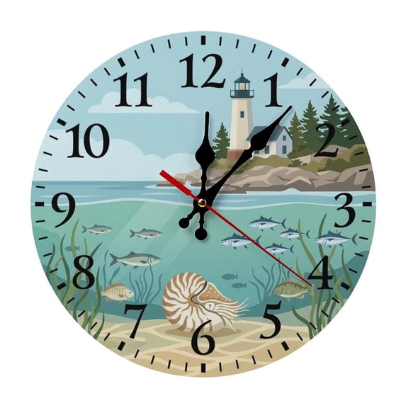 2D Flat Wall Clock Art Print, Silent Non Ticking Battery Operated,Coastal Lighthouse And Underwater Fish Scene Clock Wall Clock 2D Print Decorative for Bathroom Kitchen Bedroom 10 Inch & 12 Inch, Shi