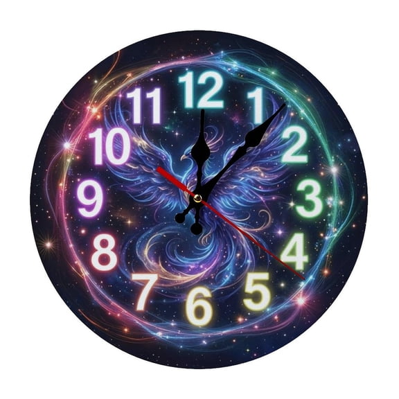 2D Flat Wall Clock Art Print, Silent Non Ticking Battery Operated,Cosmic Neon Phoenix Galaxy Fantasy Glow-in-the-Dark Clock Wall Clock 2D Print Decorative for Bathroom Kitchen Bedroom 10 Inch & 12 In
