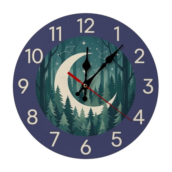2D Flat Wall Clock Art Print, Silent Non Ticking Battery Operated,Forest Crescent Moon Constellation Illustration Clock Wall Clock 2D Print Decorative for Bathroom Kitchen Bedroom 10 Inch & 12 Inch,