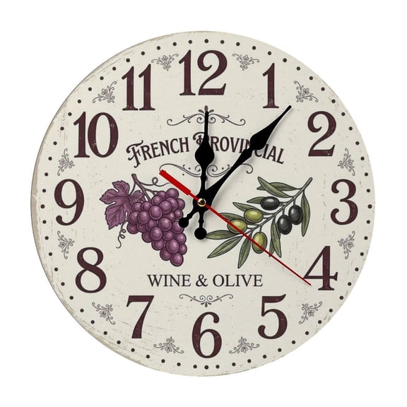 2D Flat Wall Clock Art Print, Silent Non Ticking Battery Operated,French Provincial Wine And Olive Vintage Kitchen Clock Wall Clock 2D Print Decorative for Bathroom Kitchen Bedroom 10 Inch & 12 Inch,