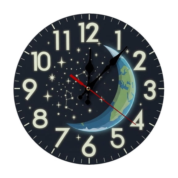 2D Flat Wall Clock Art Print, Silent Non Ticking Battery Operated,Glow-in-the-Dark Constellation Moon And Earth Night Sky Clock Wall Clock 2D Print Decorative for Bathroom Kitchen Bedroom 10 Inch & 1
