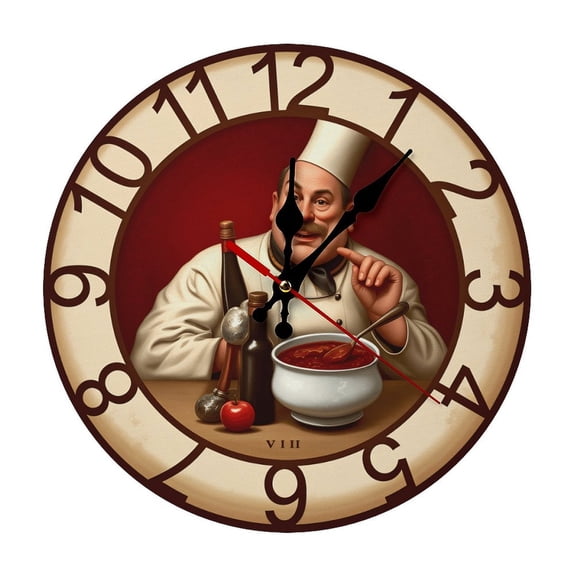 2D Flat Wall Clock Art Print, Silent Non Ticking Battery Operated,Gourmet Chef Kitchen Art Wall Clock 2D Print Decorative for Bathroom Kitchen Bedroom 10  & 12 Inches, Ships Next Day, No Battery