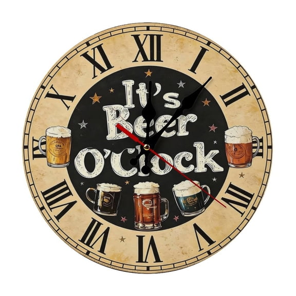 2D Flat Wall Clock Art Print, Silent Non Ticking Battery Operated,It's Beer O'Clock Wall Clock 2D Print Decorative for Bathroom Kitchen Bedroom 10 Inch & 12 Inch, Ships Next Day，No Battery