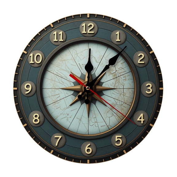 2D Flat Wall Clock Art Print, Silent Non Ticking Battery Operated,Nautical Map Compass Wall Clock 2D Print Decorative for Bathroom Kitchen Bedroom 10 & 12 Inches, Ships Next Day, No Battery