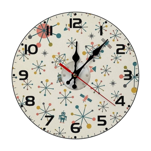 2D Flat Wall Clock Art Print, Silent Non Ticking Battery Operated,Retro Atomic Space Wall Clock 2D Print Decorative for Bathroom Kitchen Bedroom 10 Inch & 12 Inch, Ships Next Day,No Battery