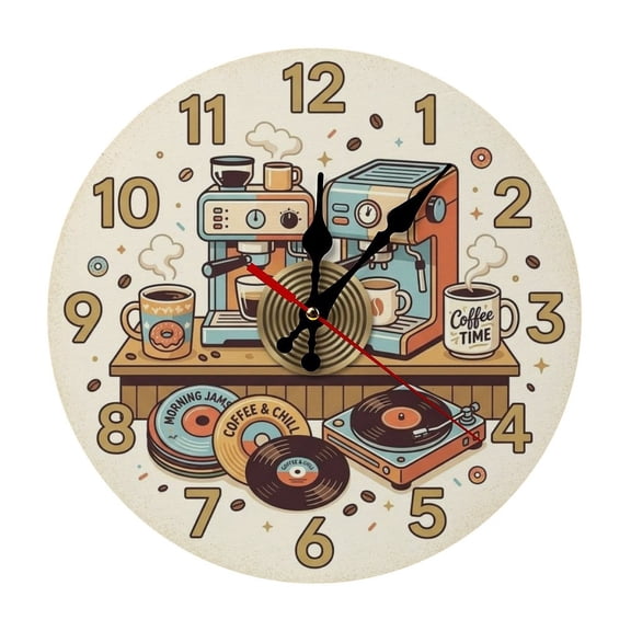 2D Flat Wall Clock Art Print, Silent Non Ticking Battery Operated,Retro Coffee Shop And Vinyl Record Player Kitchen Clock Wall Clock 2D Print Decorative for Bathroom Kitchen Bedroom 10 Inch & 12 Inch