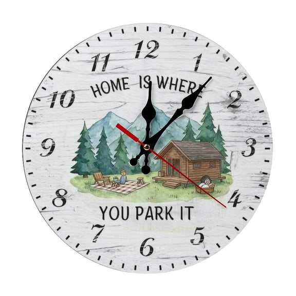 2D Flat Wall Clock Art Print, Silent Non Ticking Battery Operated,Rustic Cabin And Mountain Camping Watercolor Quote Clock Wall Clock 2D Print Decorative for Bathroom Kitchen Bedroom 10 Inch & 12 Inc