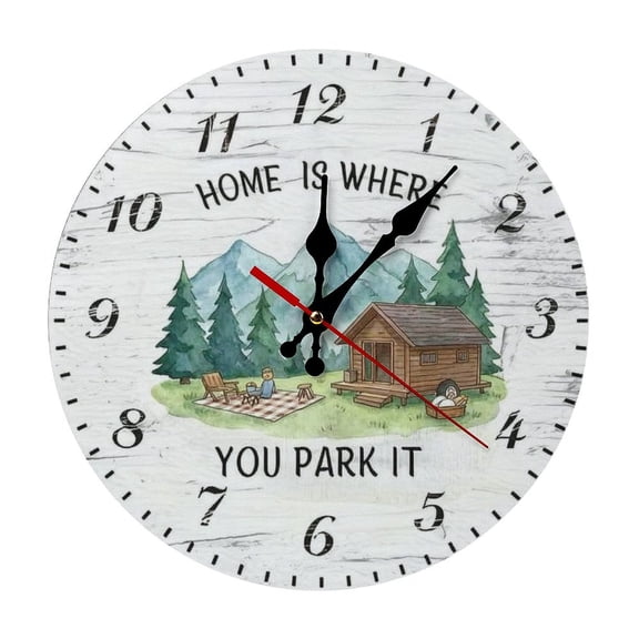 2D Flat Wall Clock Art Print, Silent Non Ticking Battery Operated,Rustic Cabin And Mountain Camping Watercolor Quote Clock Wall Clock 2D Print Decorative for Bathroom Kitchen Bedroom 10 Inch & 12 Inc
